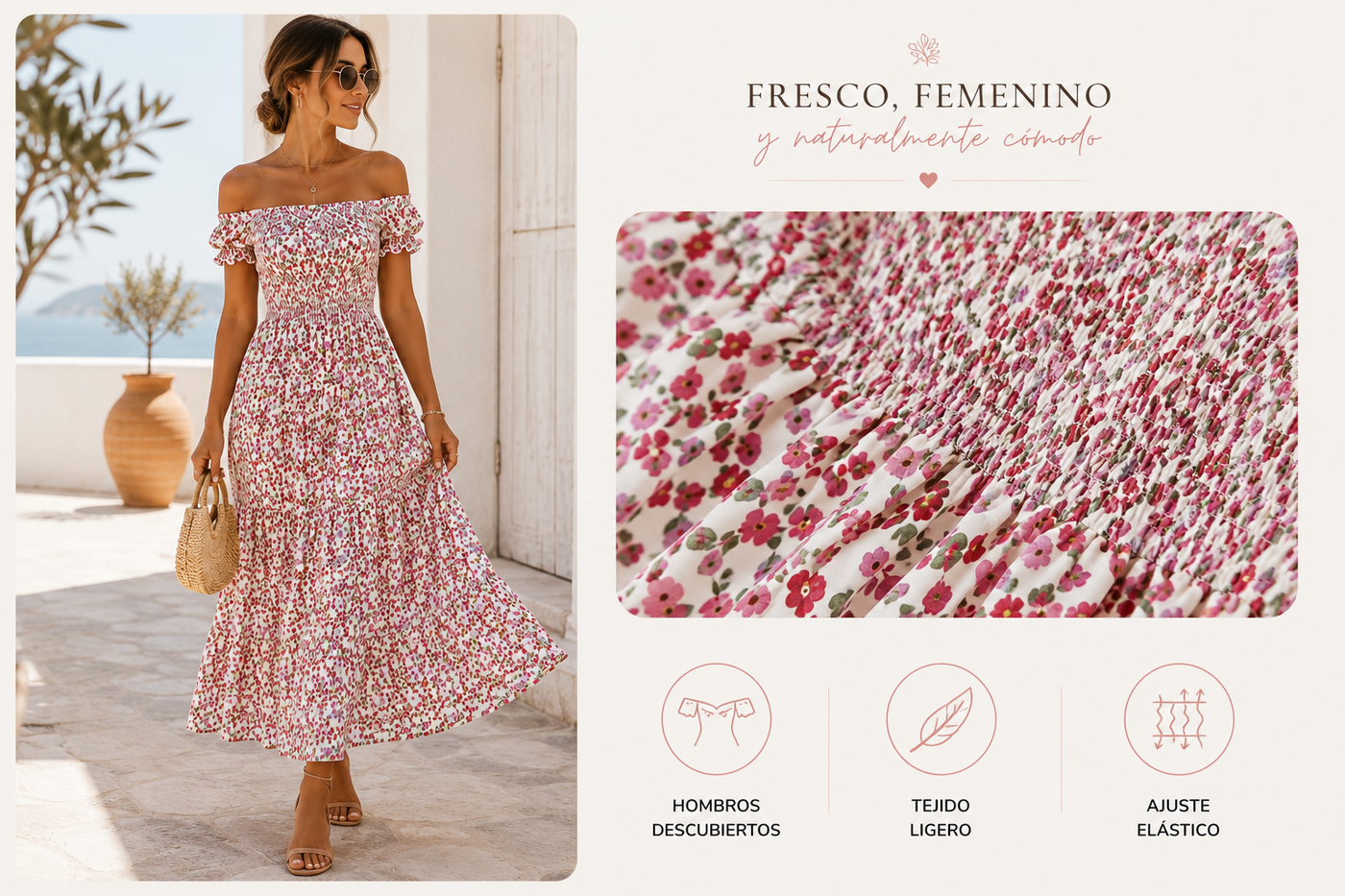 Vestido Floral con Hombros Descubiertos